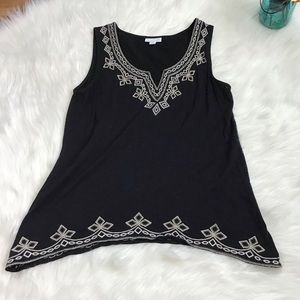 J.Jill Black Top Camisole Embroidered Neck Hem XS